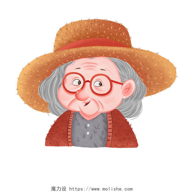 戴草帽的老奶奶老人头像元素人物头像PNG素材